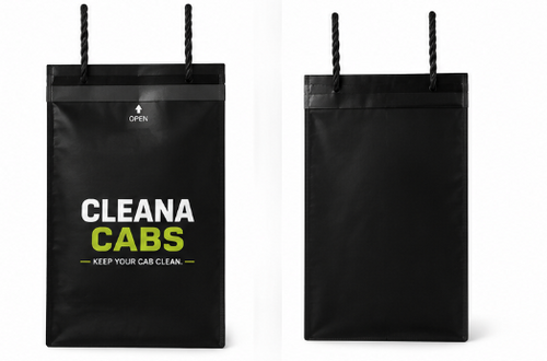 CleanaCabs hanging rubbish bag – branded front and back view