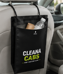 CleanaCabs bag hanging from car headrest with items inside