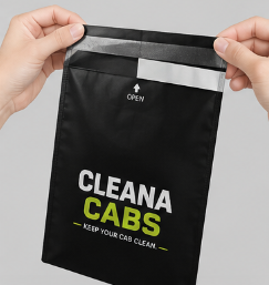 CleanaCabs bag being opened, showing sealable closure