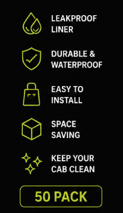 CleanaCabs 50 Pack – features graphic: leakproof, durable, waterproof, easy to install, space saving